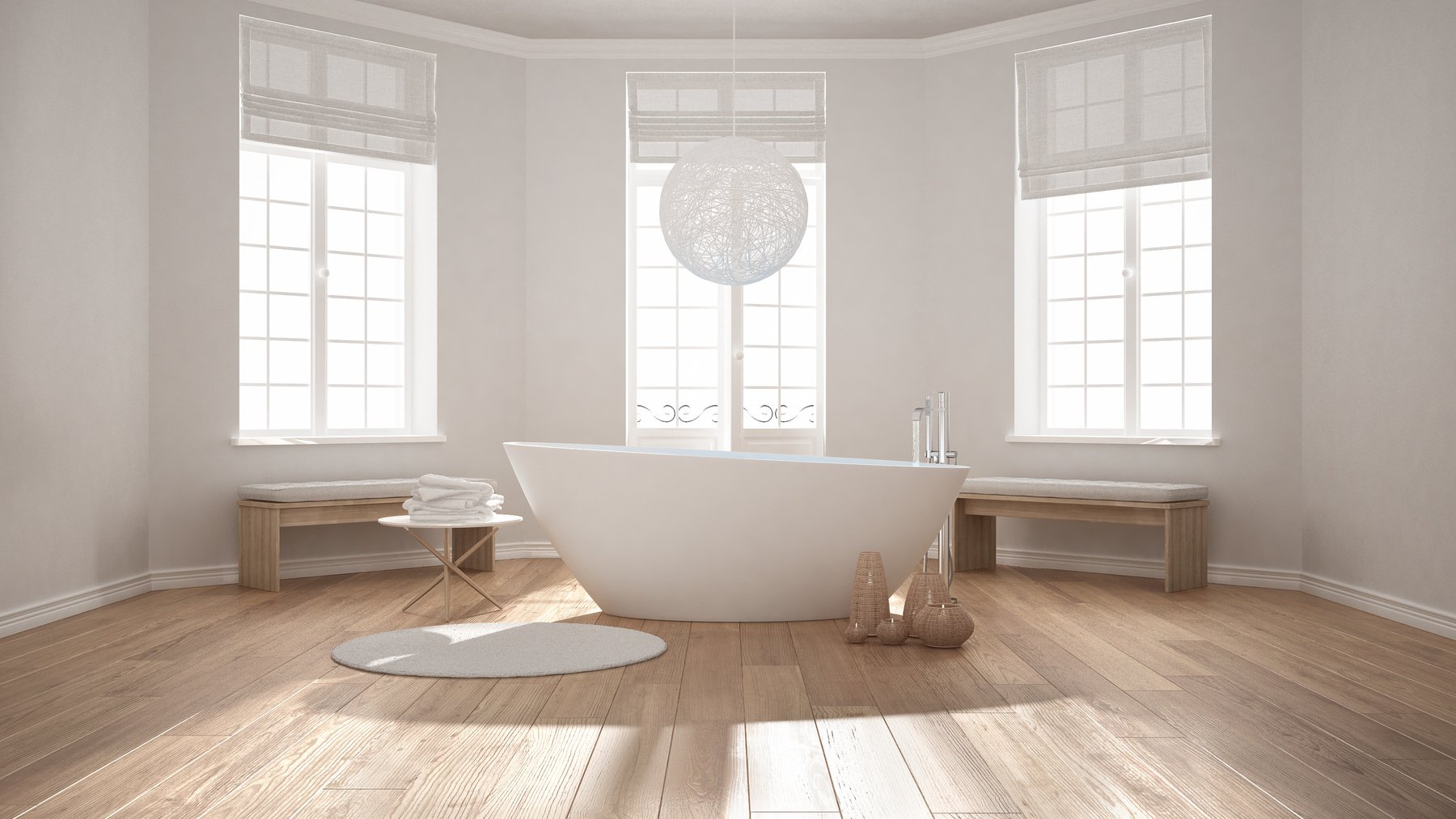 Zen classic spa bathroom with bathtub, minimalist scandinavian interior design